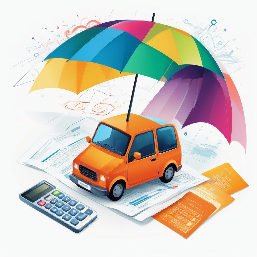A visually engaging illustration featuring a large umbrella representing comprehensive coverage, with various vehicles (car, motorcycle, truck) nestled underneath it. The background should include a swirling diagram highlighting different vehicle insurance options, such as liability, collision, and uninsured coverage. Include icons like a calculator and a checklist to symbolize decision-making. The color palette should be professional yet vibrant to reflect trustworthiness. vector art. vibrant colors. white background.
