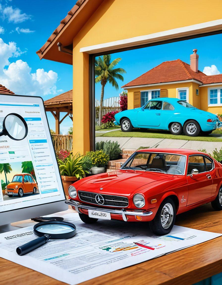 A split scene depicting a person holding a magnifying glass over a car insurance policy, revealing hidden savings and coverage options. On one side, a cozy home environment with a computer displaying comparison charts, and on the other, a clear blue sky with various affordable car models. Bright colors to illustrate ease and clarity. cartoon style. vibrant colors.
