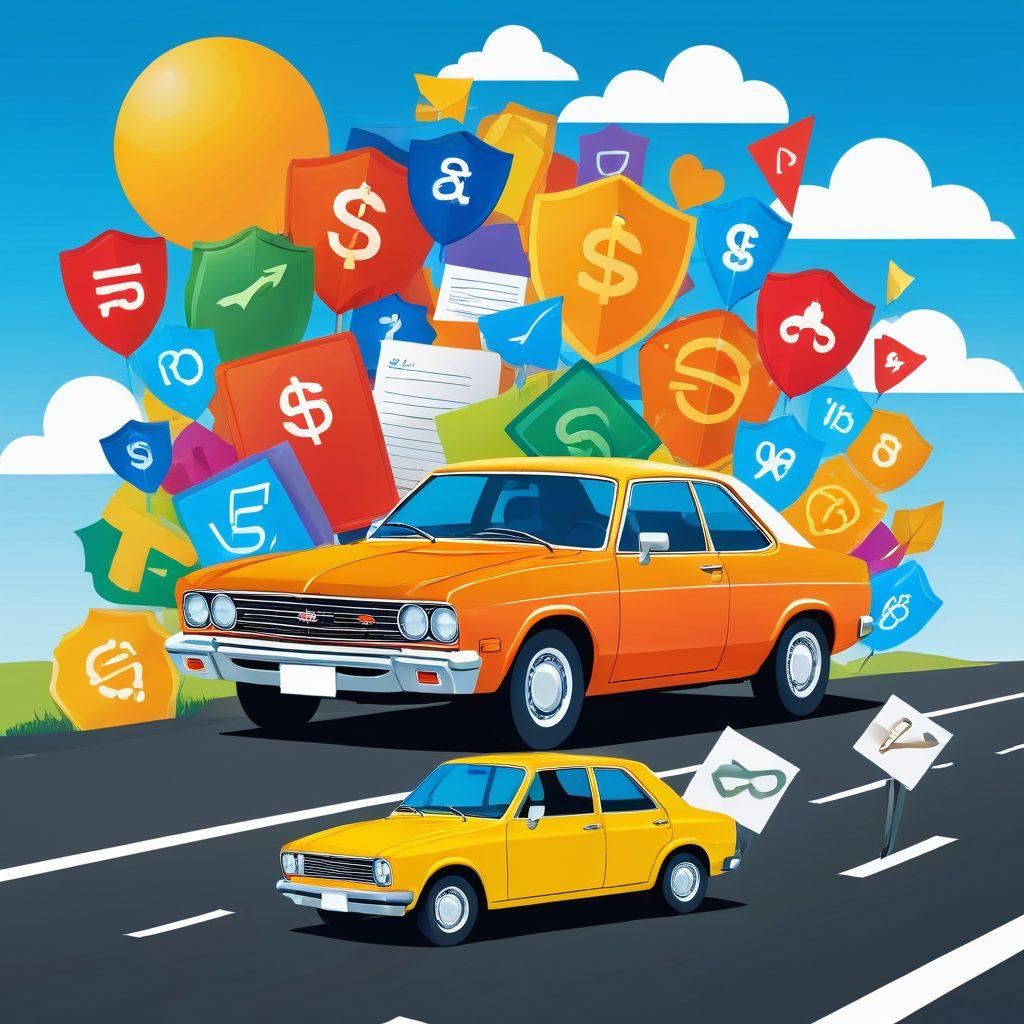 A visually striking illustration of a car surrounded by various insurance icons like shields, dollar signs, and checkmarks. The car should have a friendly appearance, showcasing a safe and budget-friendly vibe. The background can feature a sunny day with an open road, emphasizing freedom and protection. Include a thoughtful figure analyzing the insurance options with a notepad in hand. vibrant colors. modern vector art.